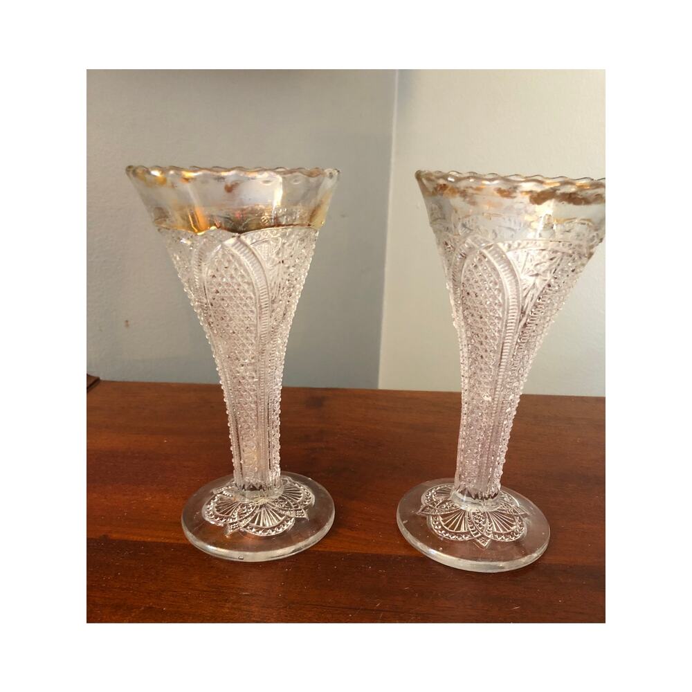 Pair of EAPG Antique Gold Rimmed Vases in Massachusetts Pattern c 1900